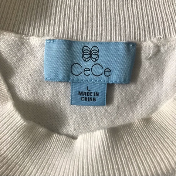 CeCe Pullover Top White Long Balloon Filmy Decorated Sleeve Round Neck Size L - Picture 2 of 8